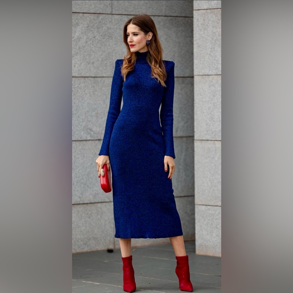 Zara Long Sleeve High Neck Blue Metallic Knit Midi Dress